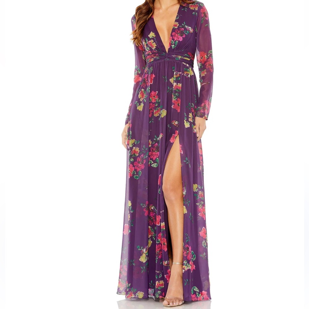 Mac Duggal Purple floral maxi Gown with Slit and‎ Bishop Sleeves